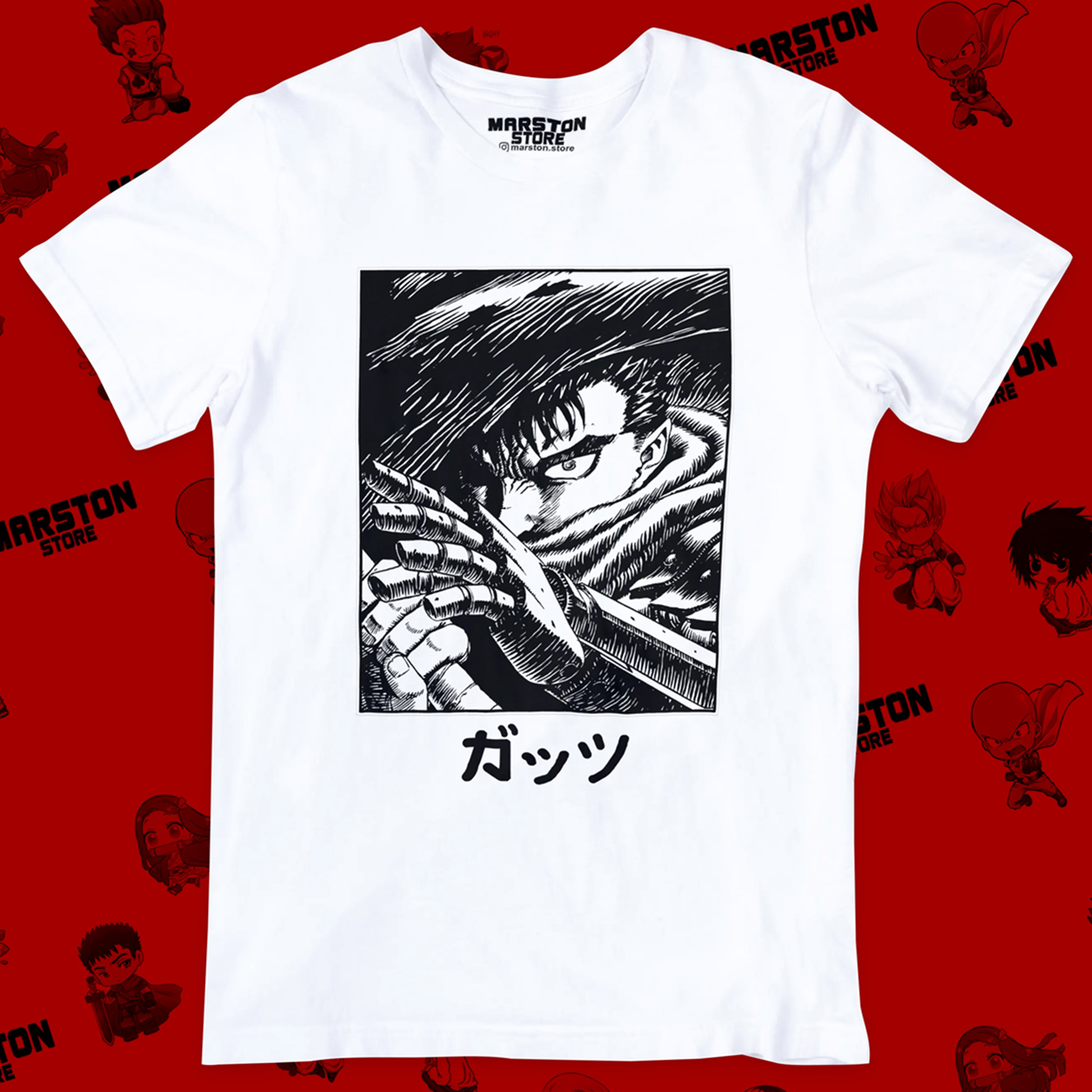 Polera blanca de Berserk con diseño de Guts