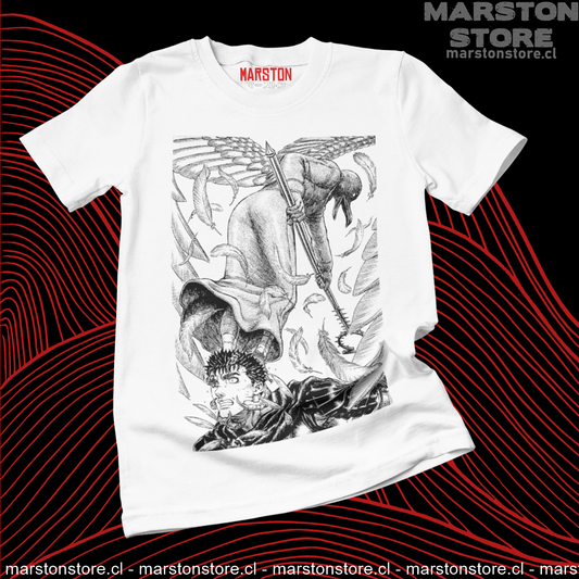 Polera blanca de Berserk con diseño de Guts