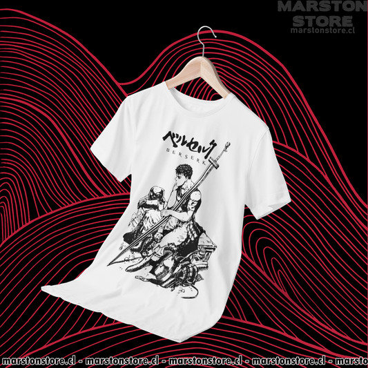 Polera blanca de Berserk con diseño de Guts