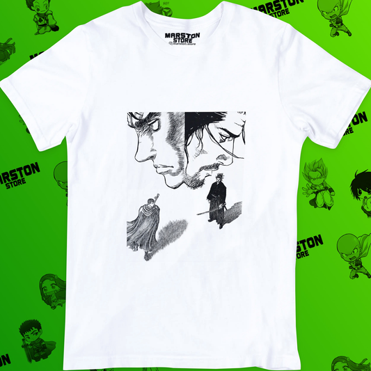 Polera blanca crossover Berserk x Vagabond con diseño manga