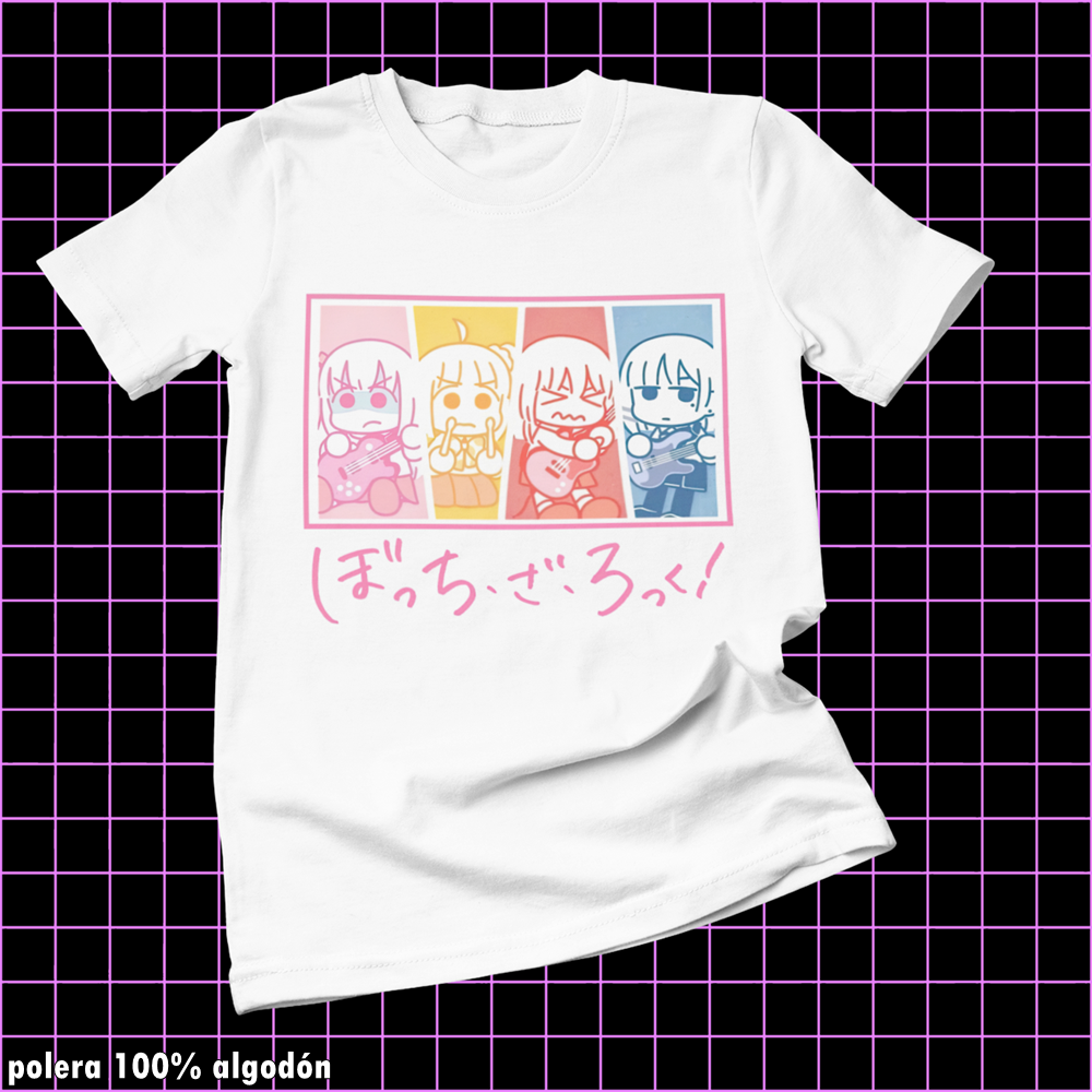 Polera blanca de Bocchi the Rock! con diseño anime