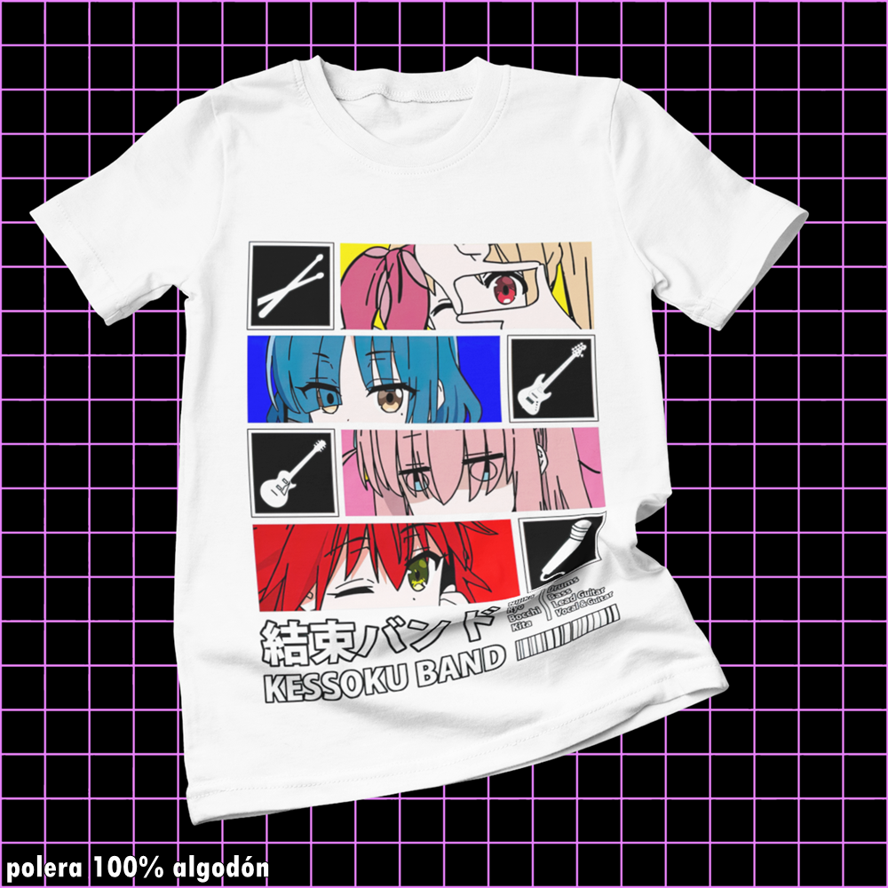 Polera blanca de Bocchi the Rock! con diseño anime