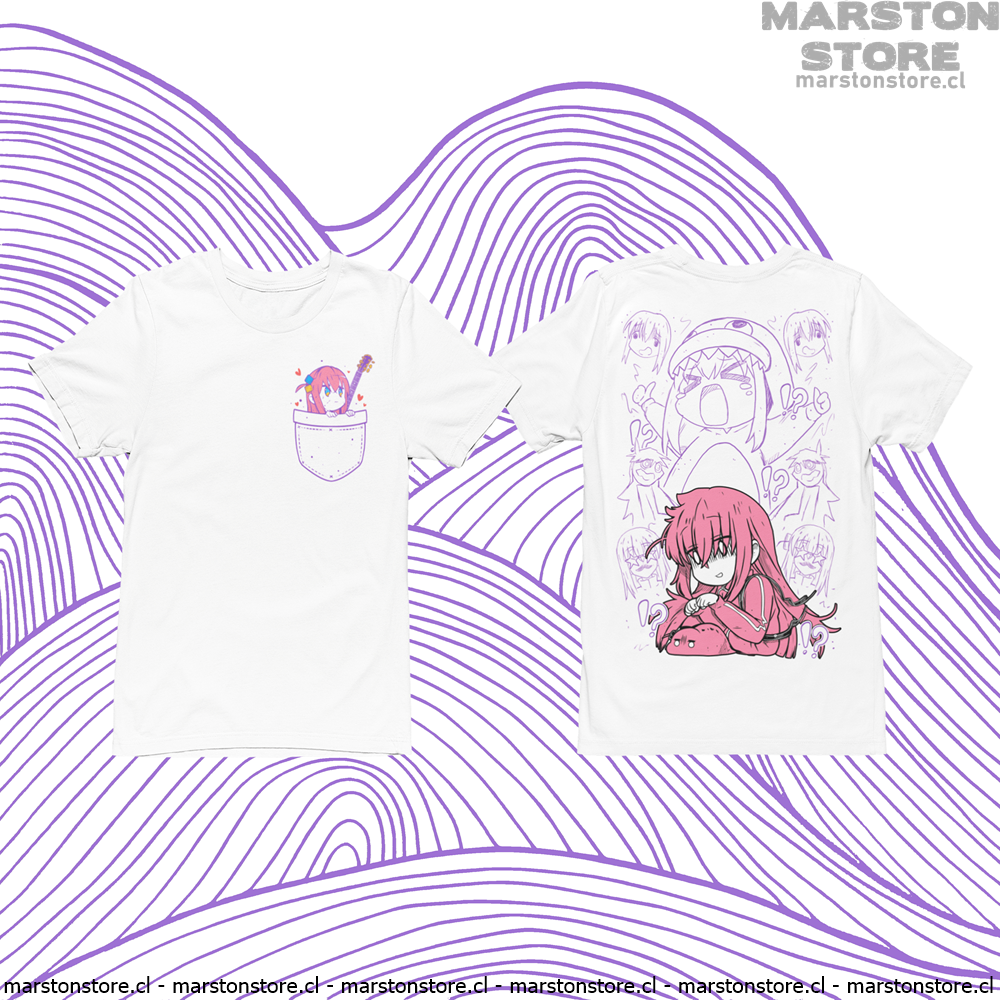 Polera blanca de Bocchi the Rock! con Hitori Gotoh y diseño de bolsillo