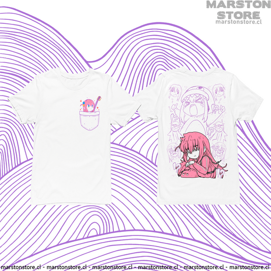 Polera blanca de Bocchi the Rock! con Hitori Gotoh y diseño de bolsillo