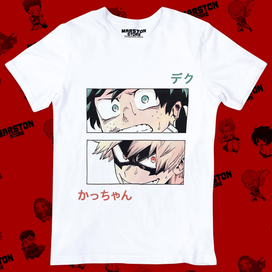 Polera blanca de Boku no Hero Academia (My Hero Academia) con Izuku Midoriya y Katsuki Bakugo