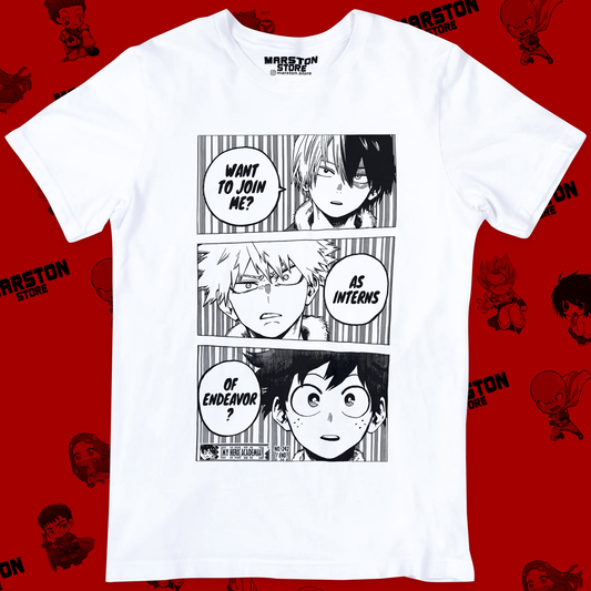 Polera blanca de Boku no Hero Academia (My Hero Academia) con Izuku Midoriya, Katsuki Bakugo y Shoto Todoroki