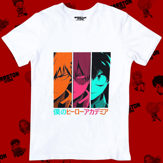 Polera blanca de Boku no Hero Academia (My Hero Academia) con Izuku Midoriya, Katsuki Bakugo y Shoto Todoroki