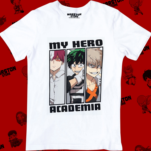 Polera blanca de Boku no Hero Academia (My Hero Academia) con Izuku Midoriya, Katsuki Bakugo y Shoto Todoroki