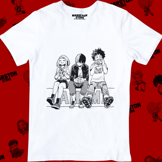 Polera blanca de Boku no Hero Academia (My Hero Academia) con Izuku Midoriya, Ochaco Uraraka y Shoto Todoroki