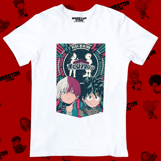 Polera blanca de Boku no Hero Academia (My Hero Academia) con Shoto Todoroki e Izuku Midoriya