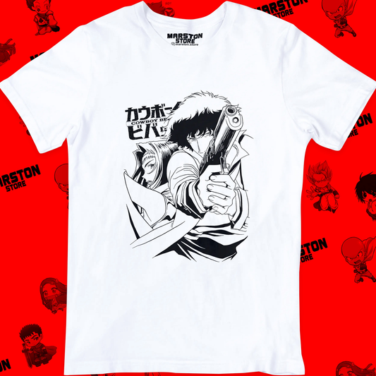 Polera blanca de Cowboy Bebop con Faye Valentine y Spike Spiegel