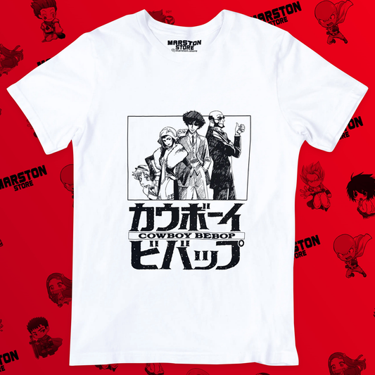 Polera blanca de Cowboy Bebop con Faye Valentine, Spike Spiegel, Ed y Jet Black