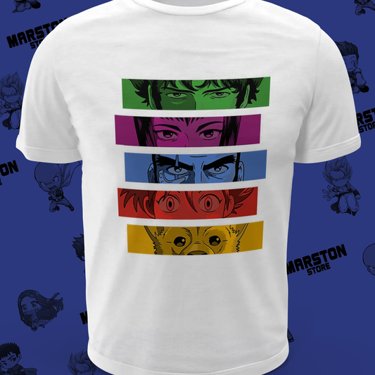 Polera blanca de Cowboy Bebop con Faye Valentine, Spike Spiegel, Ed y Jet Black