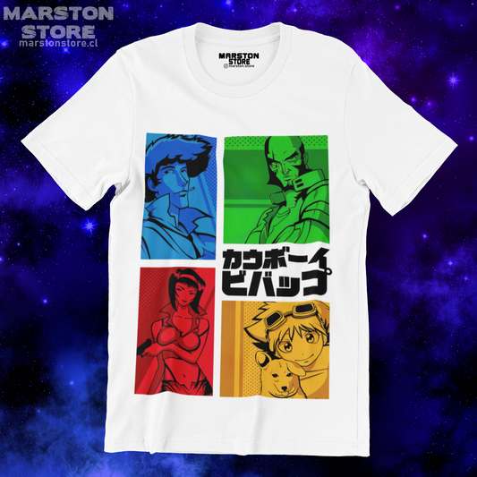 Polera blanca de Cowboy Bebop con Faye Valentine, Spike Spiegel, Ed y Jet Black