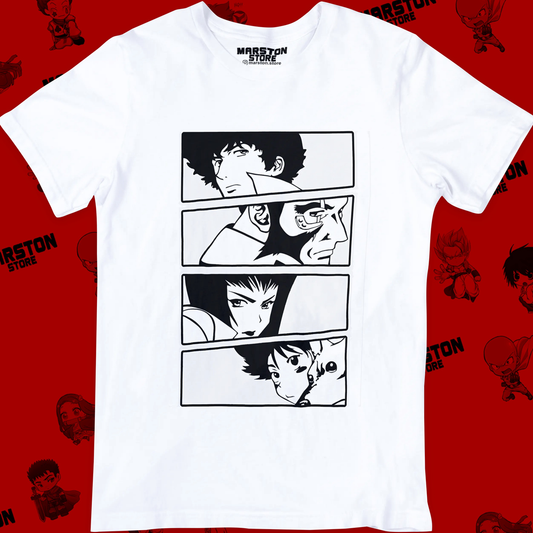Polera blanca de Cowboy Bebop con Faye Valentine, Spike Spiegel, Ed y Jet Black