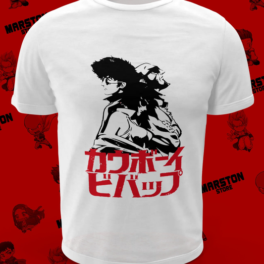 Polera blanca de Cowboy Bebop con Faye Valentine, Spike Spiegel y Jet Black