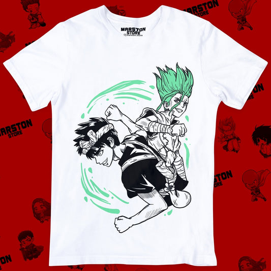 Polera blanca de Dr. Stone con Senku Ishigami y Chrome