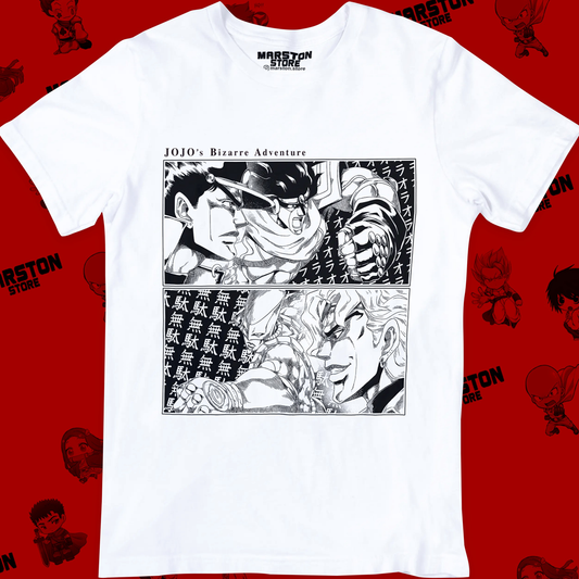 Polera blanca de JoJo's Bizarre Adventure con Jotaro Kujo y DIO