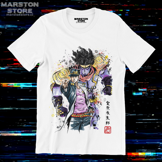 Polera blanca de JoJo's Bizarre Adventure con Jotaro Kujo y Star Platinum