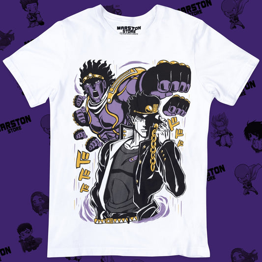 Polera blanca de JoJo's Bizarre Adventure con Jotaro Kujo y Star Platinum