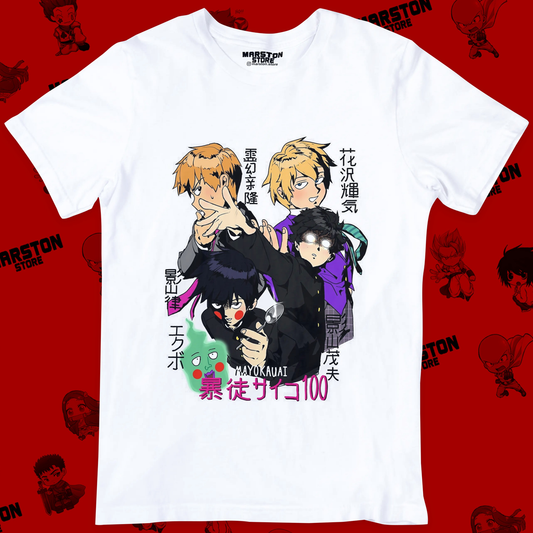 Polera blanca de Mob Psycho 100 con diseño anime