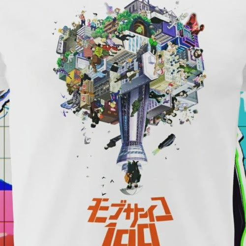Polera blanca de Mob Psycho 100 con diseño anime