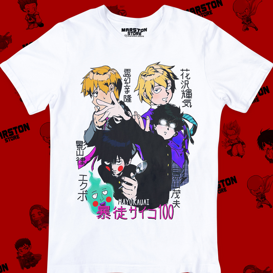 Polera blanca de Mob Psycho 100 con diseño anime