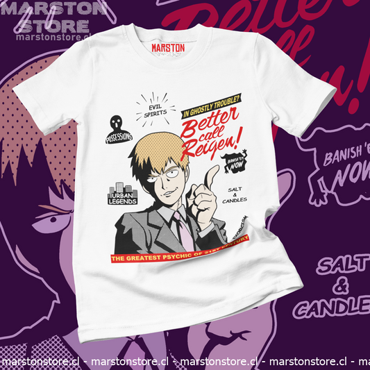 Polera blanca de Mob Psycho 100 con Reigen Arataka