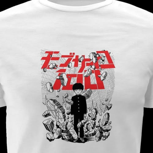 Polera blanca de Mob Psycho 100 con Shigeo Kageyama, Mob