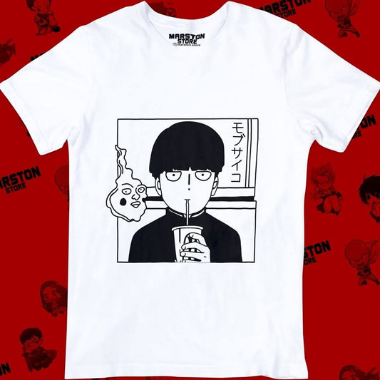 Polera blanca de Mob Psycho 100 con Shigeo Kageyama, Mob