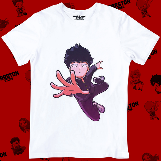 Polera blanca de Mob Psycho 100 con Shigeo Kageyama, Mob