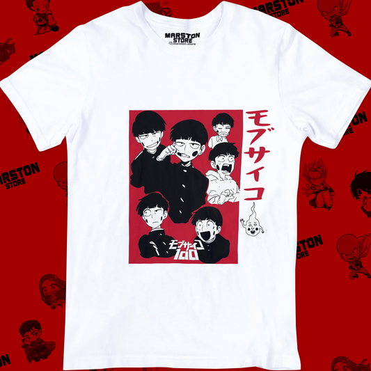 Polera blanca de Mob Psycho 100 con Shigeo Kageyama, Mob