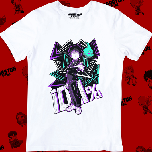 Polera blanca de Mob Psycho 100 con Shigeo Kageyama, Mob