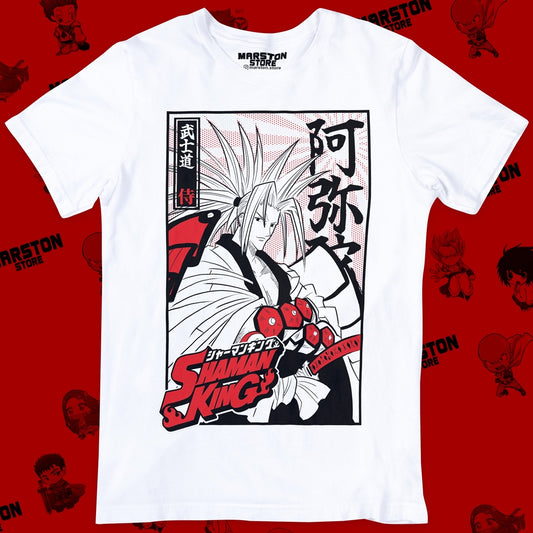 Polera blanca de Shaman King con Amidamaru