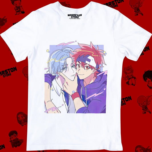 Polera blanca de SK∞ / Sk8 the Infinity con Langa Hasegawa y Reki Kyan