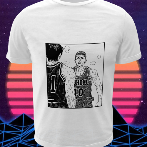 Polera blanca de Slam Dunk con Hanamichi Sakuragi y Kaede Rukawa