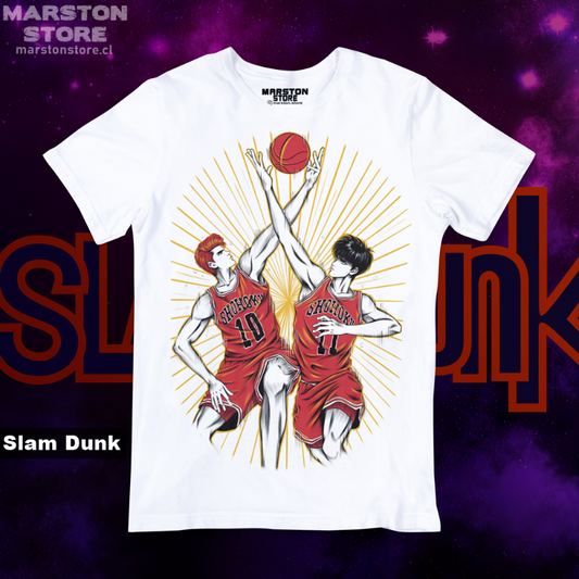 Polera blanca de Slam Dunk con Hanamichi Sakuragi y Kaede Rukawa