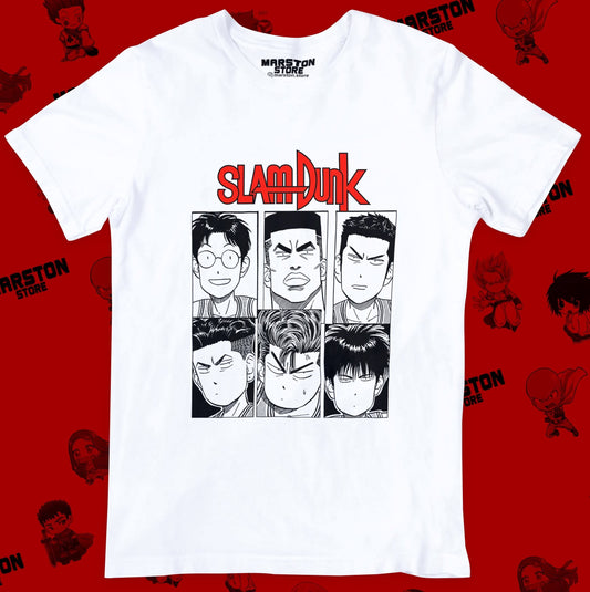 Polera blanca de Slam Dunk con Hanamichi Sakuragi, Kaede Rukawa, Hisashi Mitsui, Ryota Miyagi, Takenori Akagi y Kiminobu Kogure