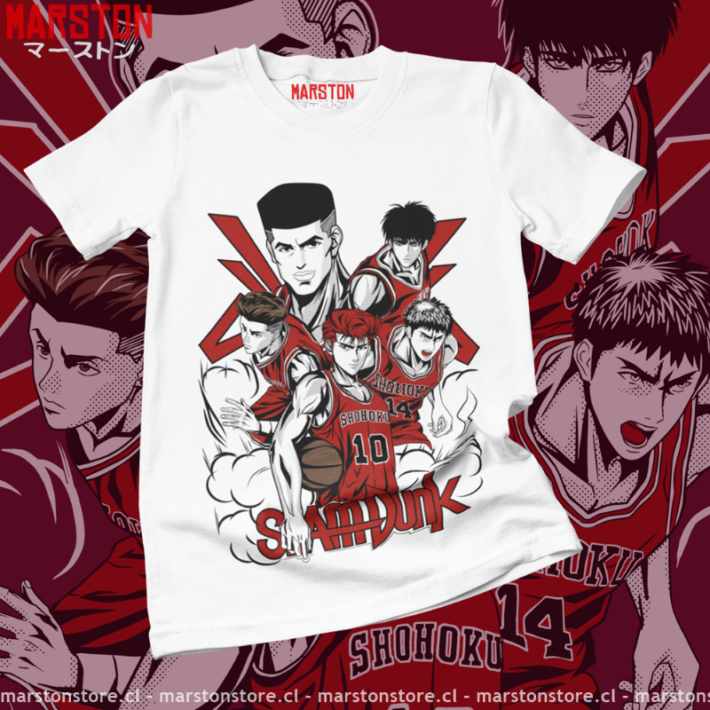 Polera blanca de Slam Dunk con Hanamichi Sakuragi, Takenori Akagi, Hisashi Mitsui, Kaede Rukawa y Ryota Miyagi