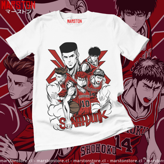 Polera blanca de Slam Dunk con Hanamichi Sakuragi, Takenori Akagi, Hisashi Mitsui, Kaede Rukawa y Ryota Miyagi