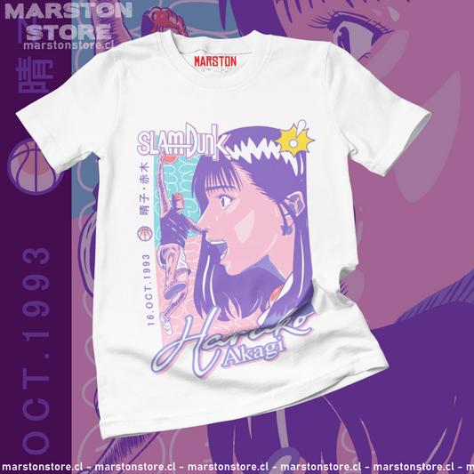 Polera blanca de Slam Dunk con Haruko Akagi y Hanamichi Sakuragi