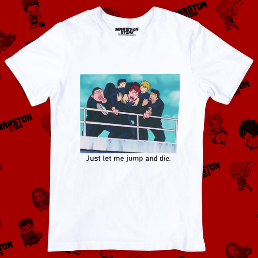 Polera blanca de Slam Dunk con diseño Just Let Me Jump and Die
