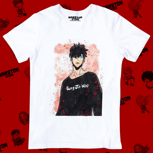 Polera blanca de Solo Leveling con diseño anime