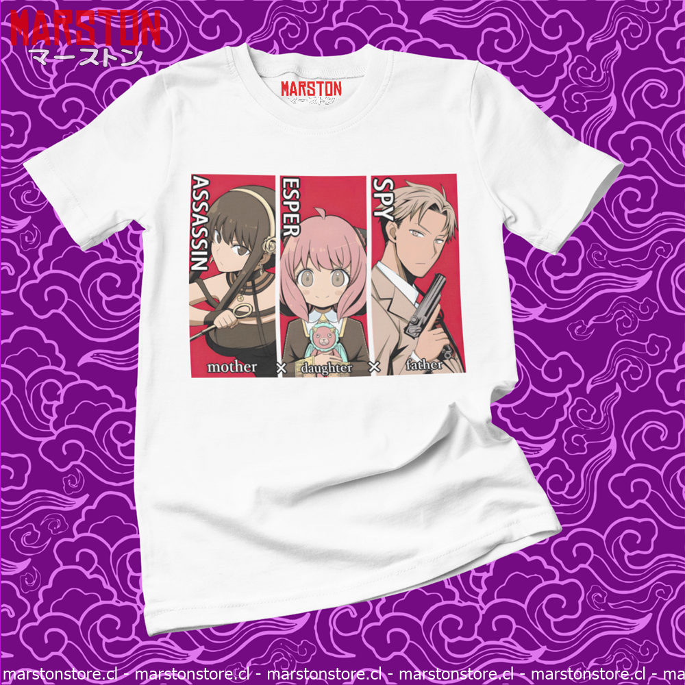 Polera blanca de Spy x Family con Loid Forger, Anya Forger y Yor Forger