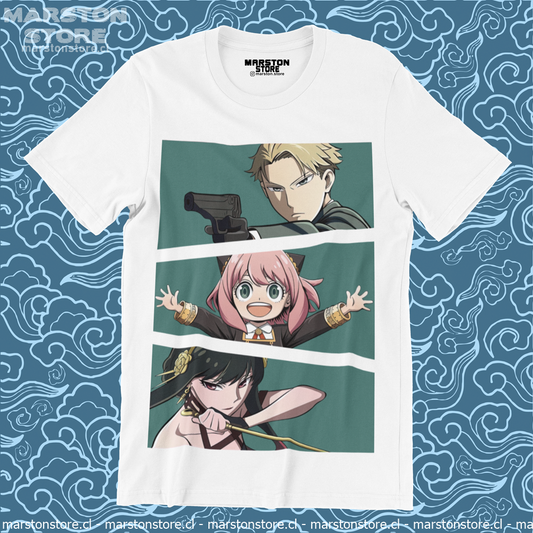 Polera blanca de Spy x Family con Loid Forger, Anya Forger y Yor Forger
