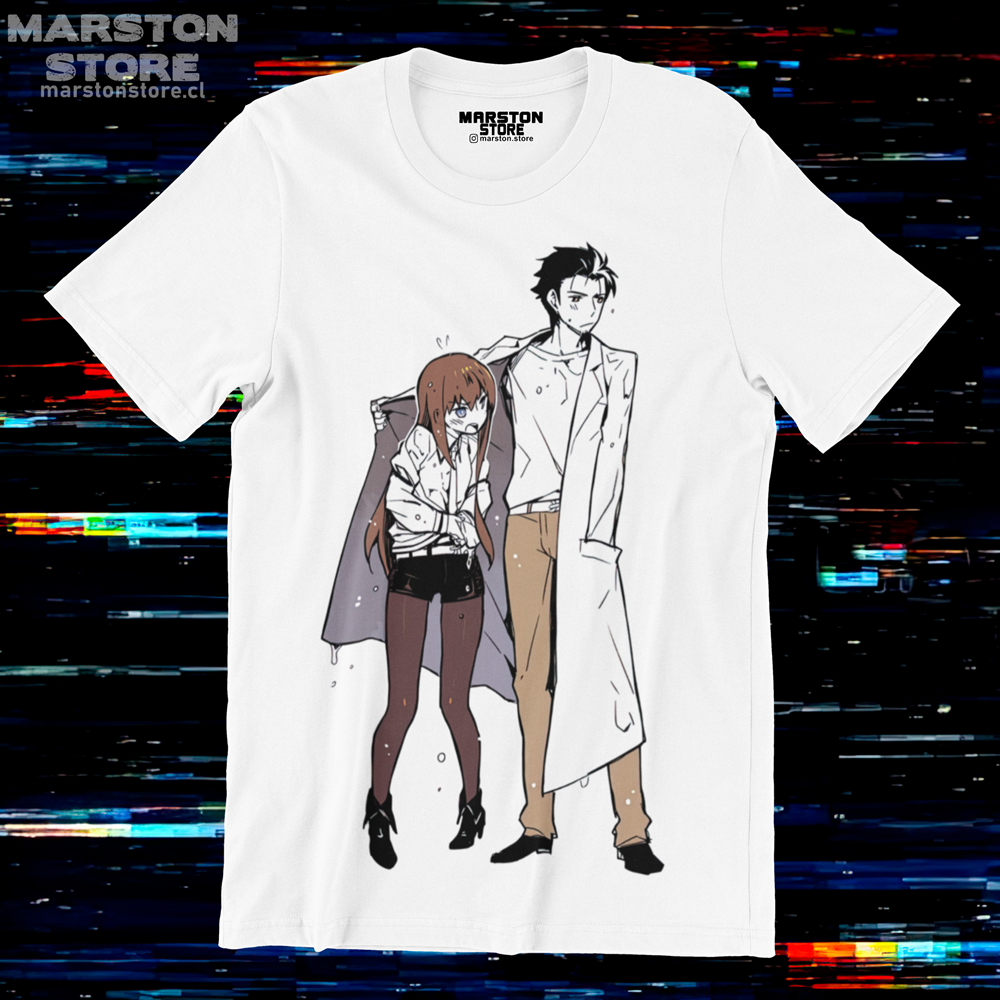 Polera blanca de Steins;Gate con Kurisu Makise y Rintaro Okabe