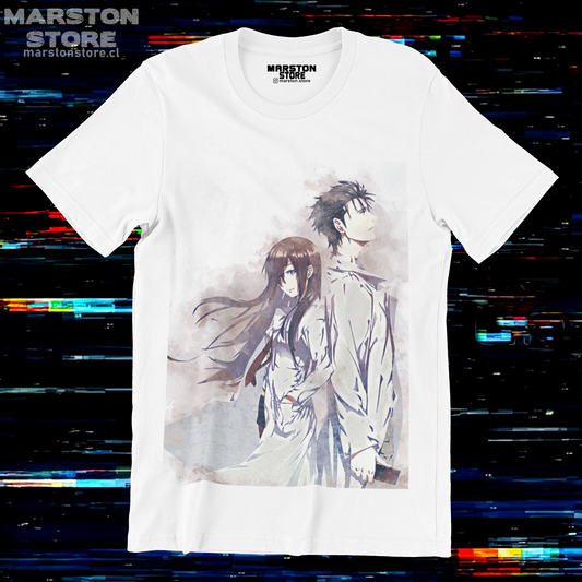 Polera blanca de Steins;Gate con Kurisu Makise y Rintaro Okabe