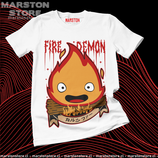 Polera blanca de Studio Ghibli: El Castillo Ambulante (Howl's Moving Castle) con Calcifer