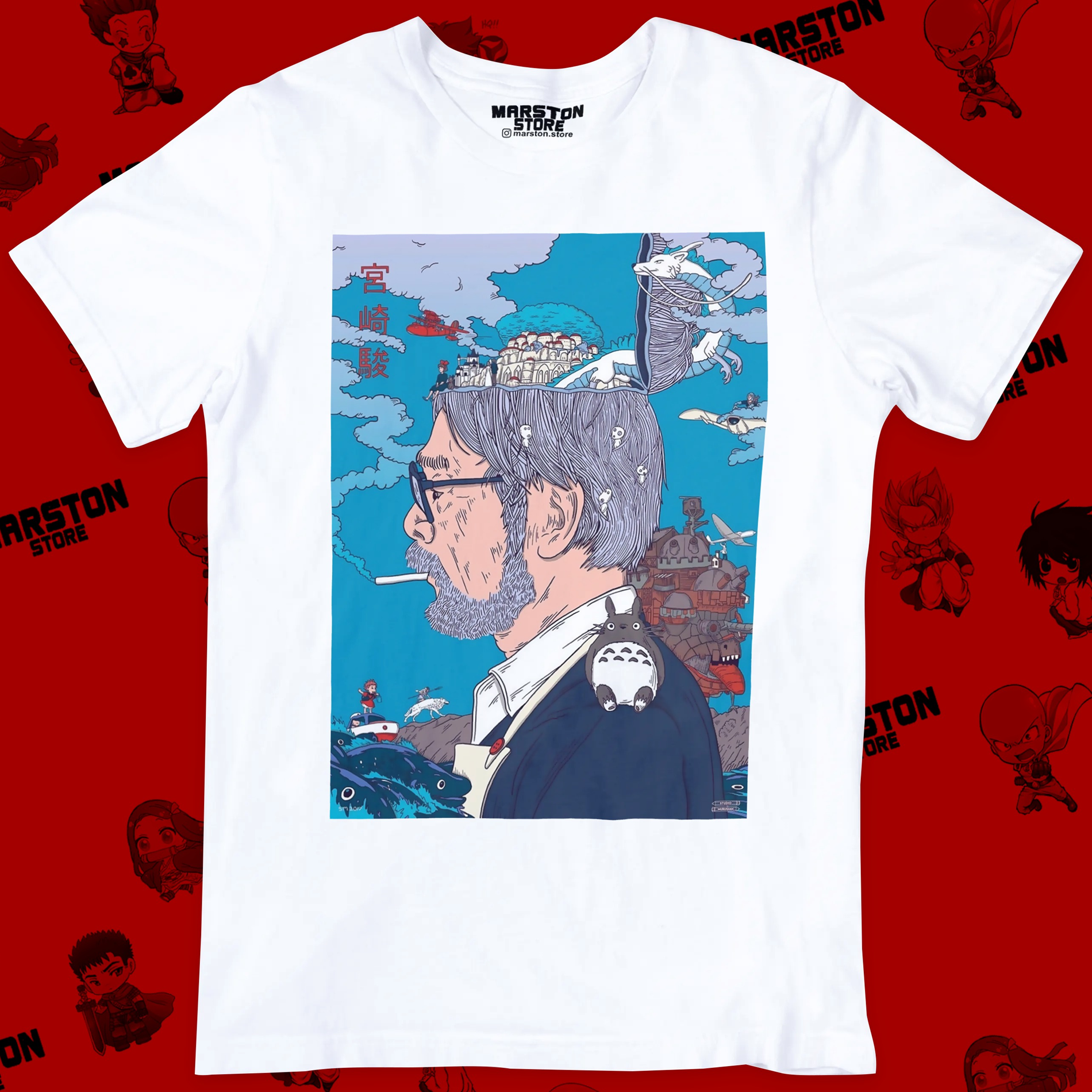 Polera blanca de Studio Ghibli con diseño homenaje a Hayao Miyazaki