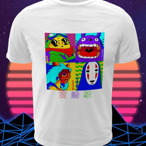 Polera blanca de Studio Ghibli con Totoro, No-Face (Sin Cara) y Porco Rosso